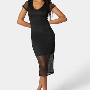 bebe Black Mesh Midi Dress                CAP SLEVE FISHNET DRESS